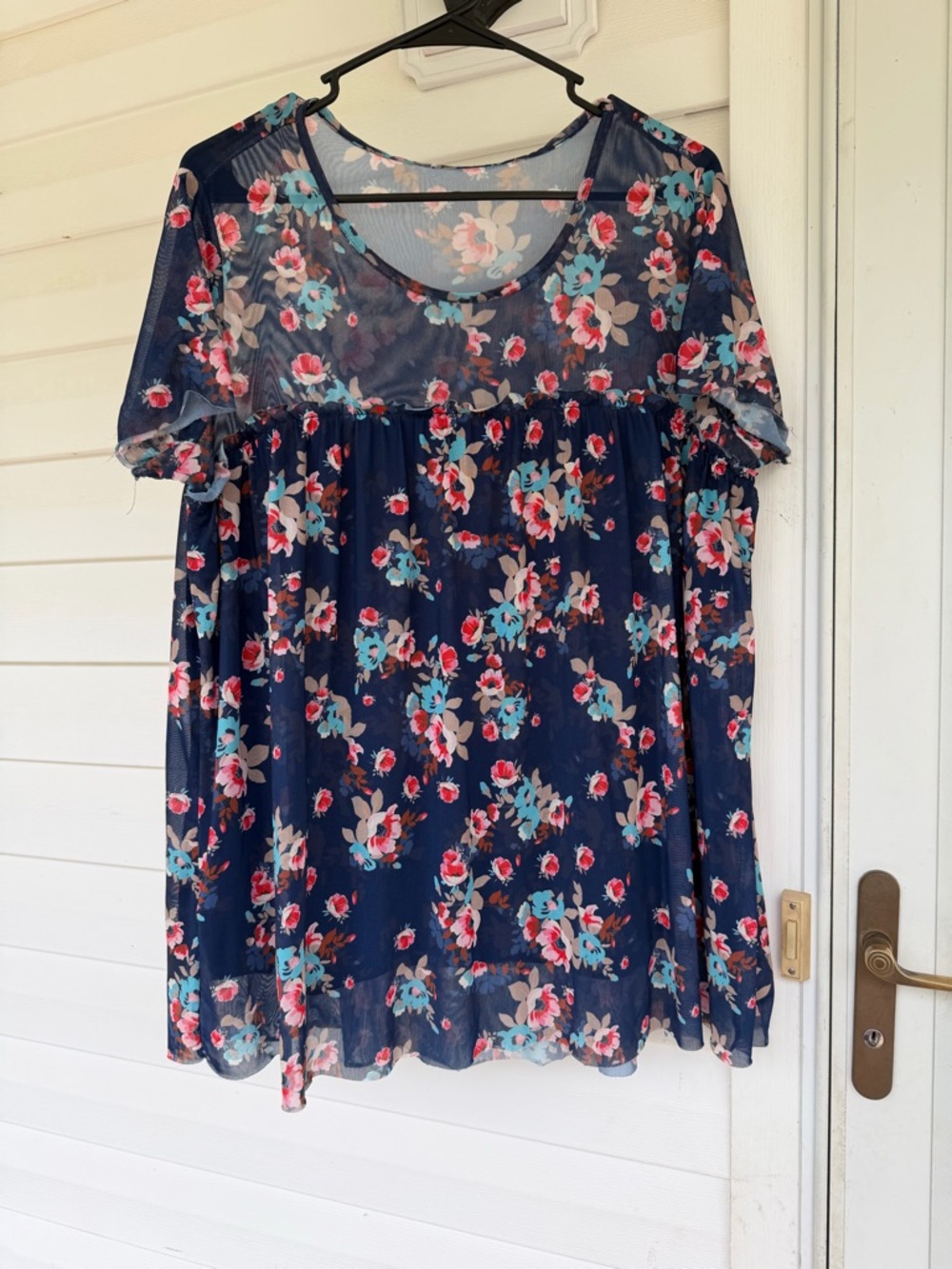 Navy Floral Short-Sleeve Sheer Blouse